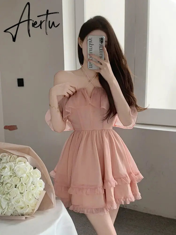Mini Fairy Dress Lace-up Halter A-line Off Shoulder Pink Ruffle Chiffon Fluffy Dress Summer Women Dresses Beachwear Clothi Aiertu
