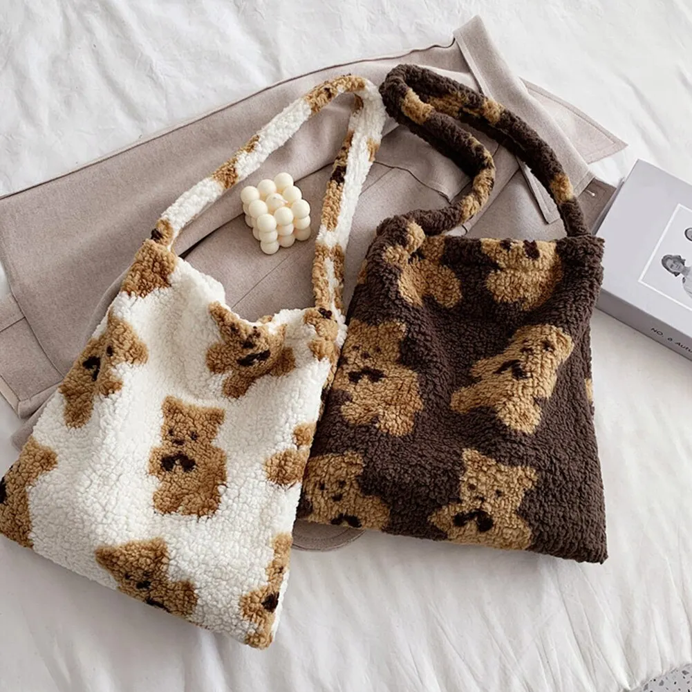 Fashion Exquisite Shopping Bag Cute Bear Print Top-handle Bag Female Autumn Fashion Plush Tote Shoulder Handbag