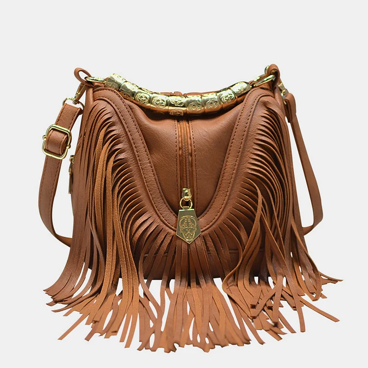 Fashion PU Leather Zipper Fringe Bucket Bag