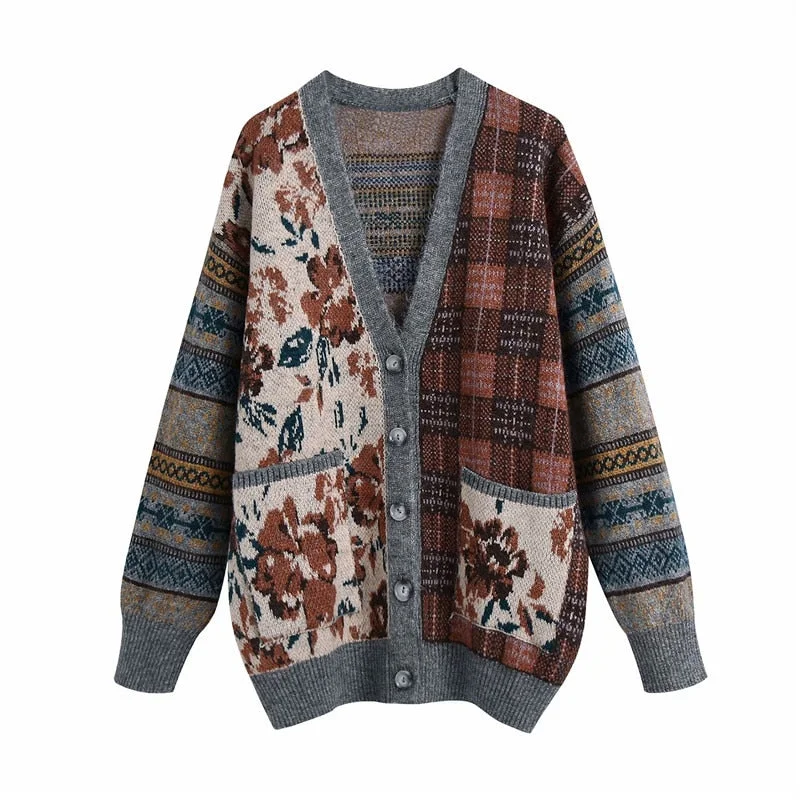 Evfer Women New Spring Fashion Patchwork Flower Knitted Za V-Neck Long Cardigans Outwear Female Casual Double Pockets Sweaters