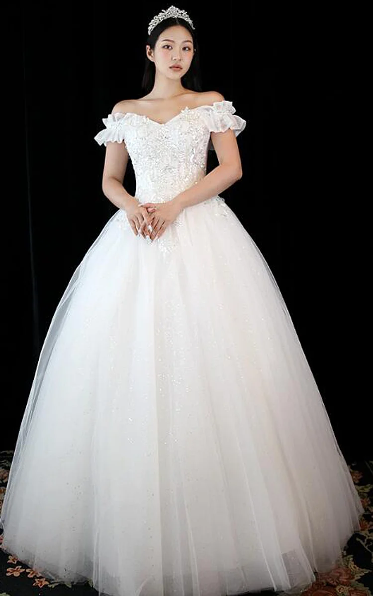 Off Shoulder Ball Gown Wedding Dress Glitter Applique Elegant Women's Formal Bride Dresses