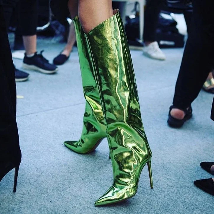 Green Fashion Boots Pointy Toe Stiletto Heel Knee High Boots |FSJ Shoes
