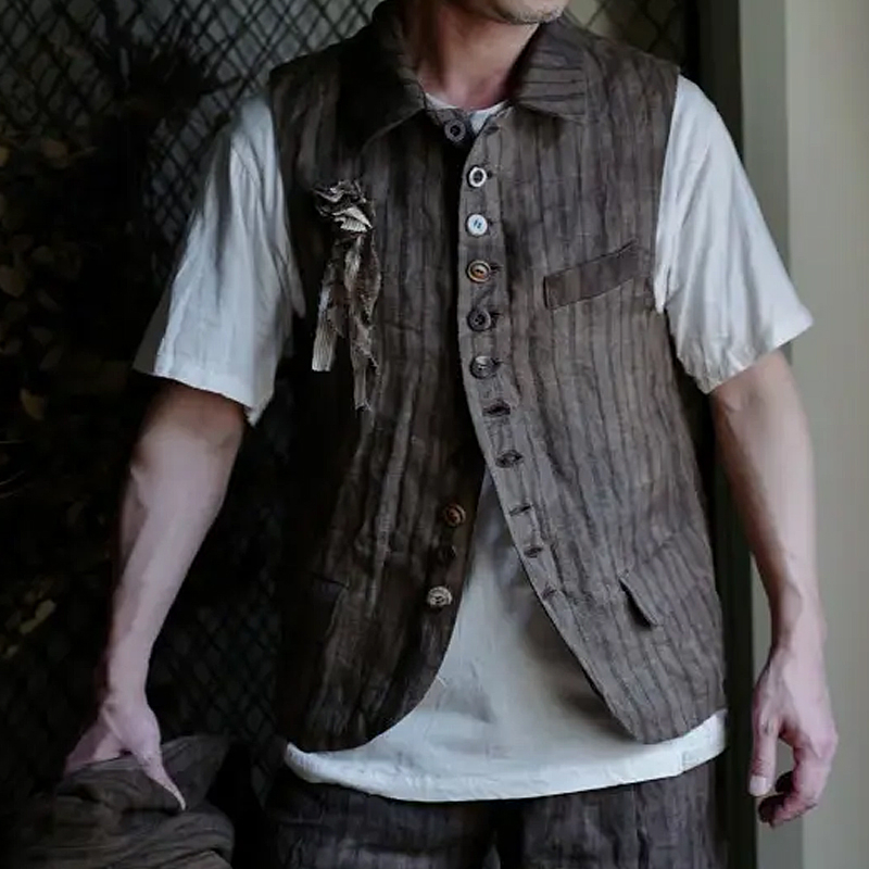 Men's Vintage Cotton and Linen Striped Vest