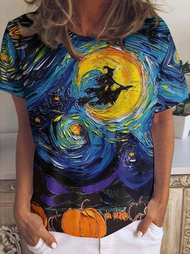 Women's Halloween Funny Painting Witch Pumpkin Starry Night Loose Simple T-shirt
