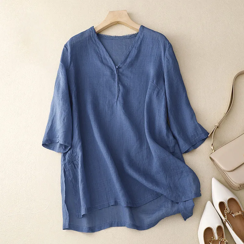 Retro Simple Solid Color V -neck Shirt