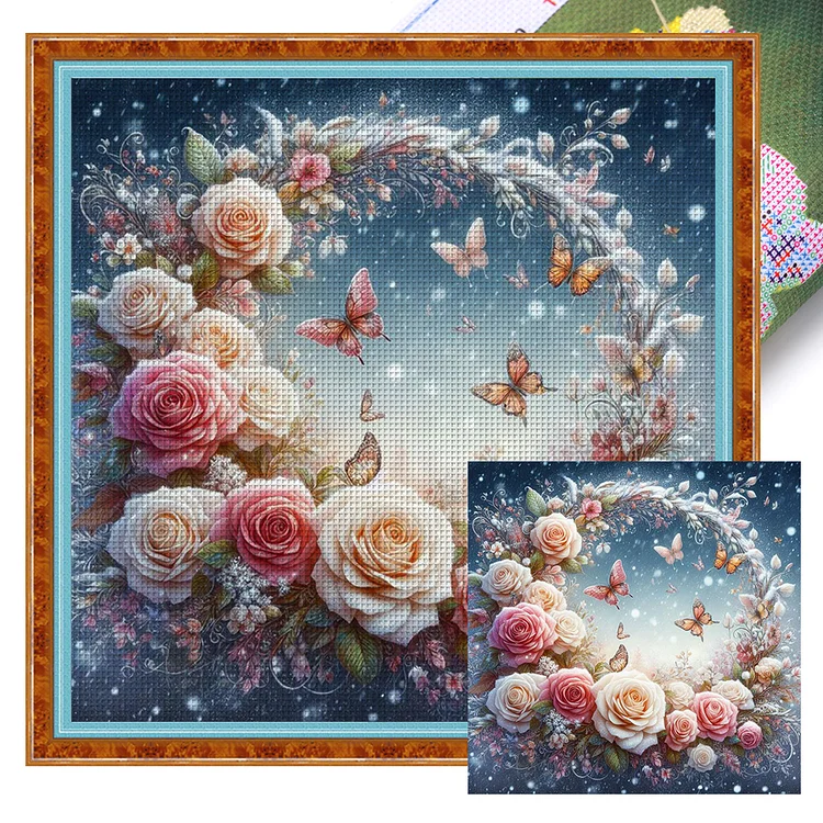 【Huacan Brand】Rose Butterfly 18CT Stamped Cross Stitch 40*40CM