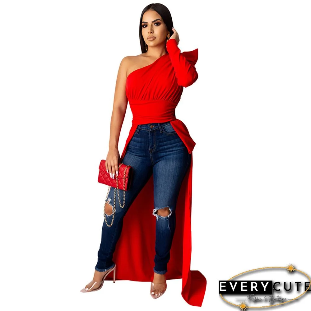 Red One Shoulder Long Sleeve Top