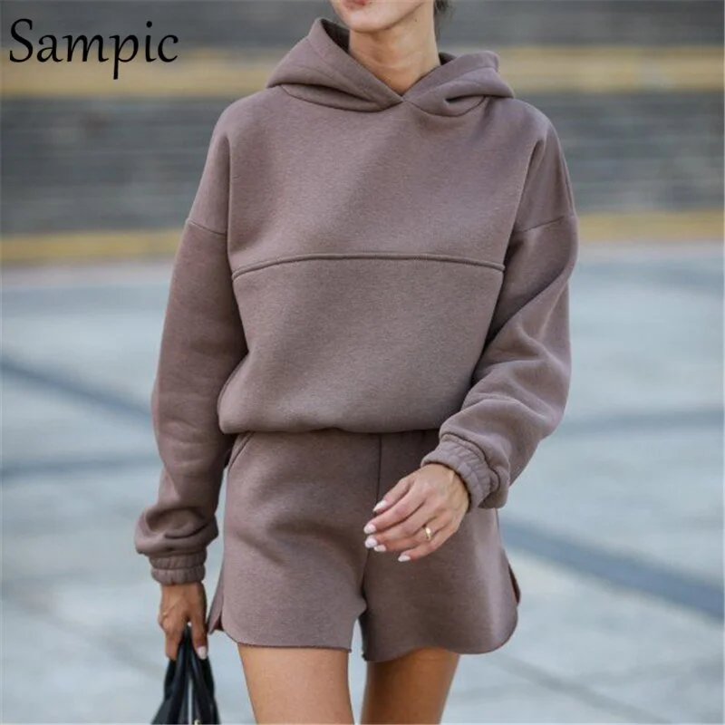 Sampic Sexy Women Casual Sport Hoodies Shorts Set Loose Autumn Tops And Mini High Waist Shorts Two Piece Set Outfits Tracksuit
