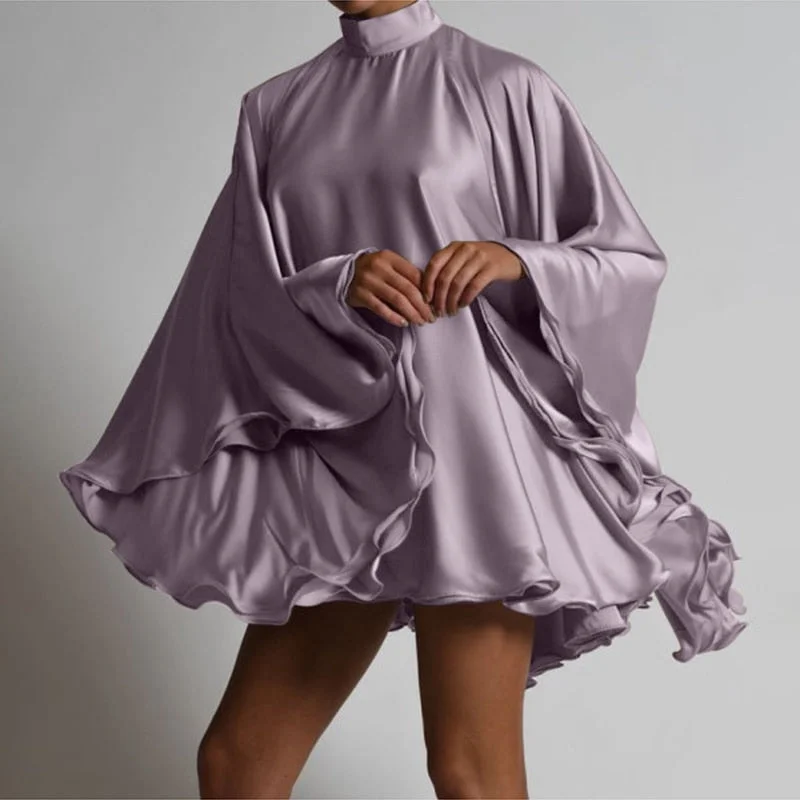 Celmia Fashion Sexy Backless Satin Dress 2022 Women Stand Collar Party Vestidos Elegant Big Flared Sleeve Ruffle Mini Sundress