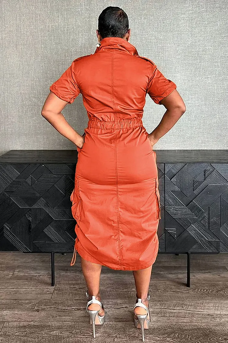 cargo drawstring midi dress Stand Collar Zipper Drawstring Waist Pocket Midi Dresses-Green