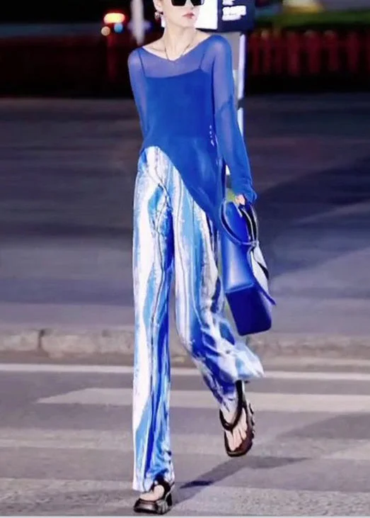 New Blue Asymmetrical Tops And Tie Dye Pants Ice Silk Two Pieces Set Spring