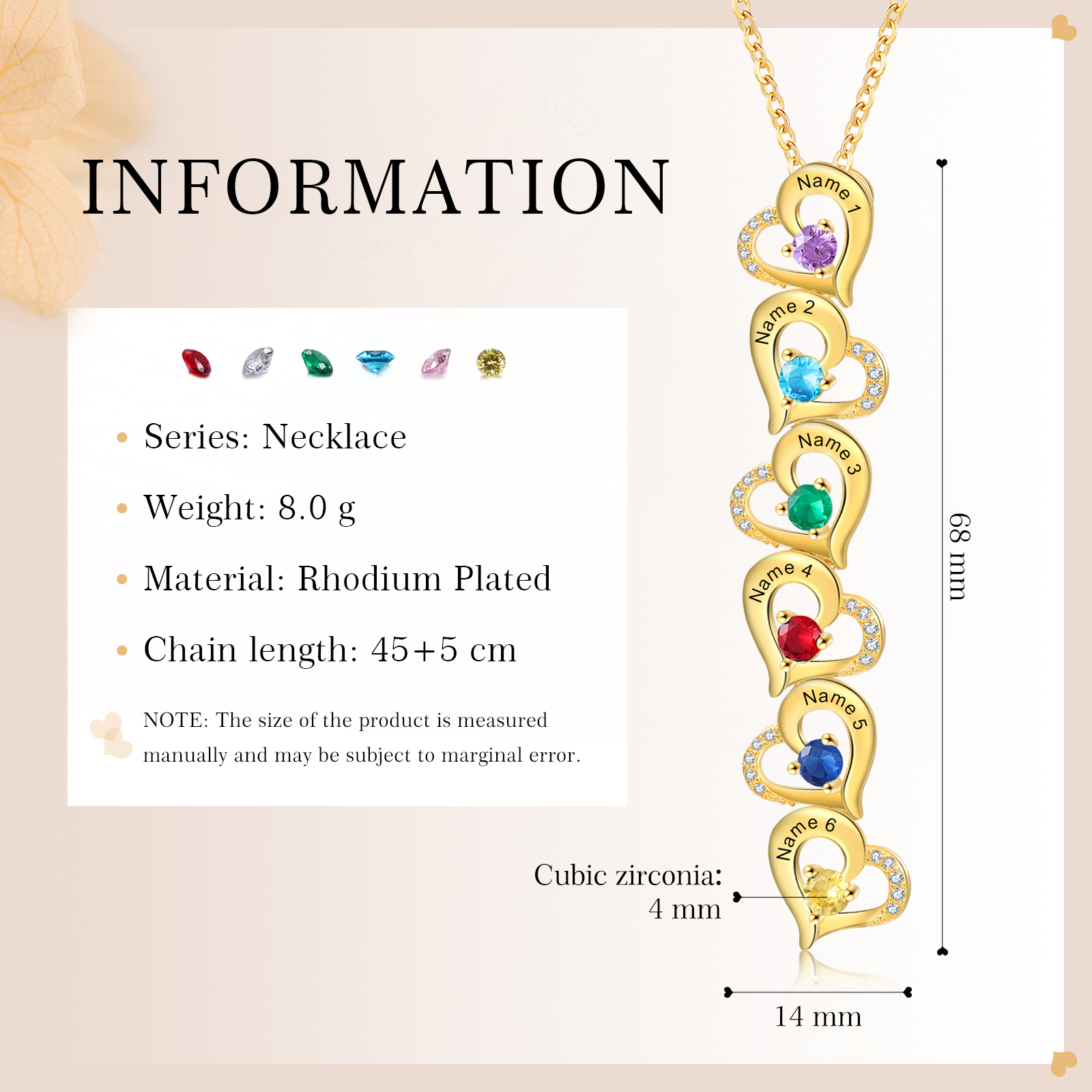 6 Names - Personalised Heart Pendant Necklace Custom Birthstones & Names Necklace Birthday Gift for Her -Jessemade AU