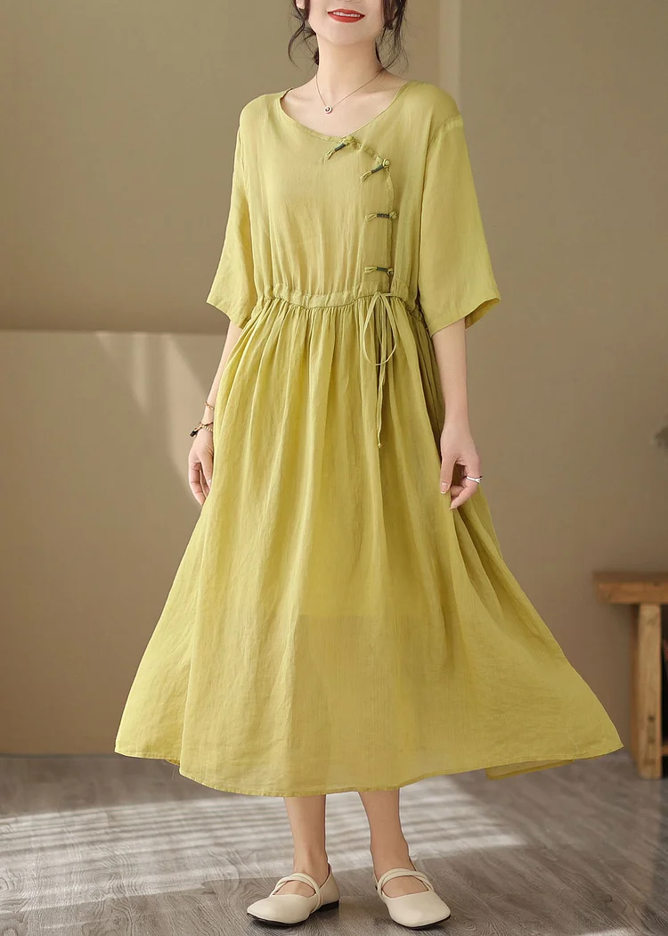 Vintage Yellow O Neck Chinese Button Patchwork Cotton Dresses Summer