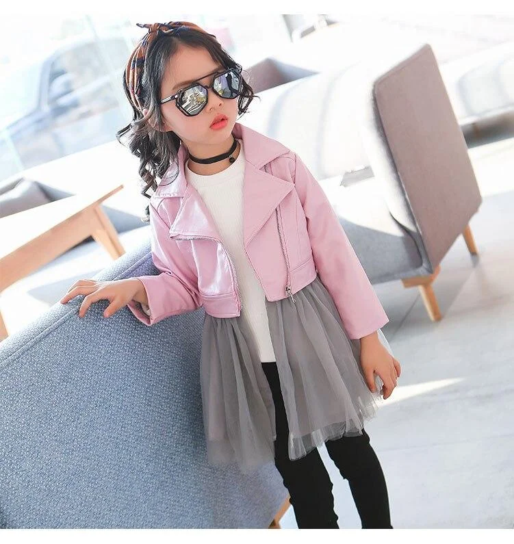 2018 autumn winter hot children PU jacket, 2-7 year old fashion short diagonal zipper motorcycle leather jacccket with dress