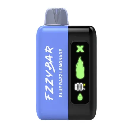 FZZYBAR X20000 disposable e-hookah in Blue Razz Lemonade flavor, showing LED screen with 100% battery.