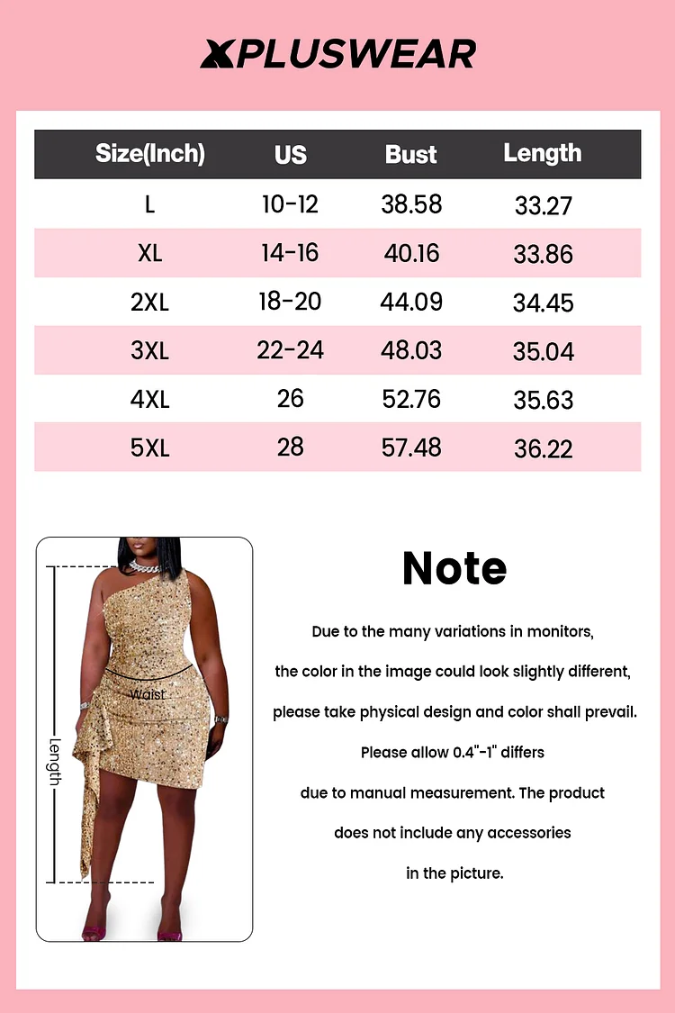 Xpluswear Design Plus Size Party Gold One Shoulder Ruffle Contrast Sequin Mini Dresses [Pre-Order]