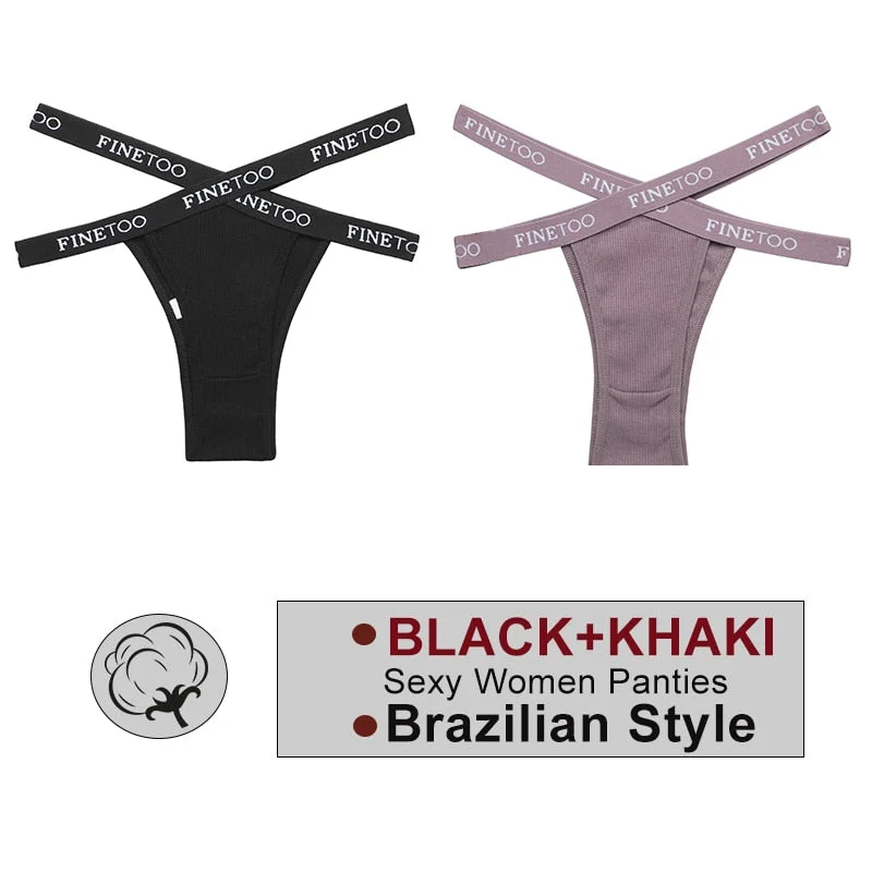 FINETOO 2PCS/Set Women's Cotton Letter Panties Hollow Out Brazilian Pantys Fashion Thong Femme Cross Strap Sexy Woman Underwear