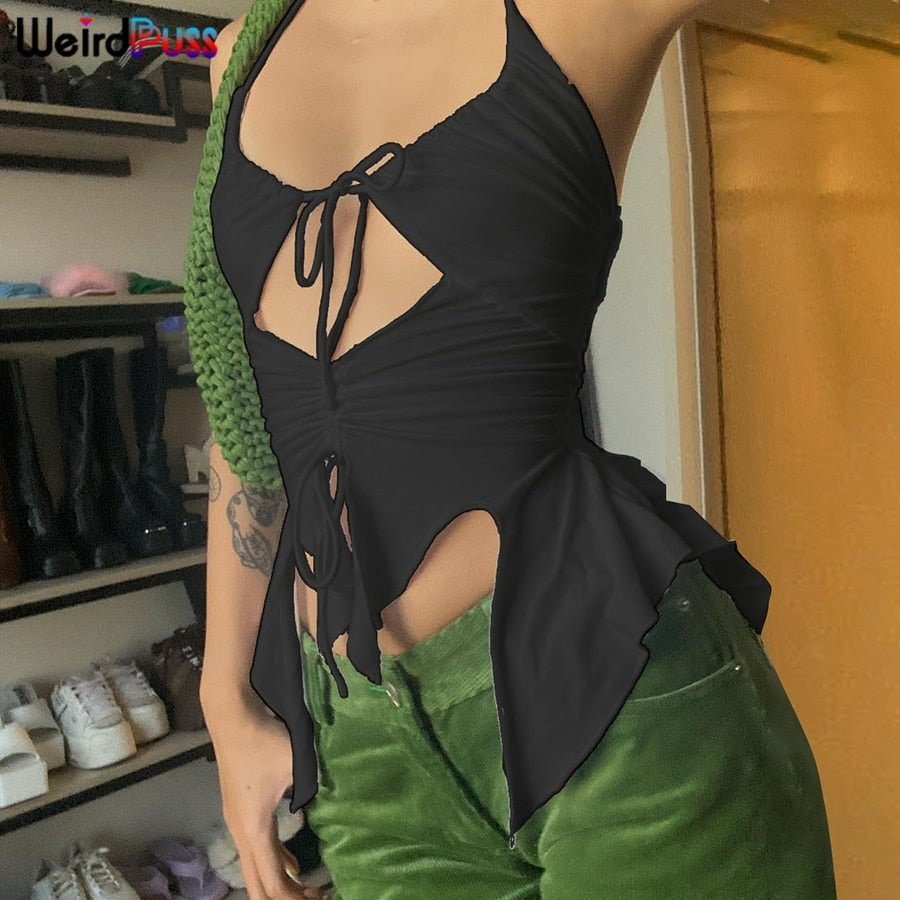 Weird Puss y2k Hollow Tank Tops Women Sexy Shirring Irregular Camisole Solid Summer Backless Streetwear Fashion Skinny Outfit