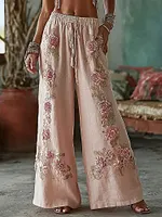 Vintage Boho Pink Rose Embroidered Cozy Linen Trousers