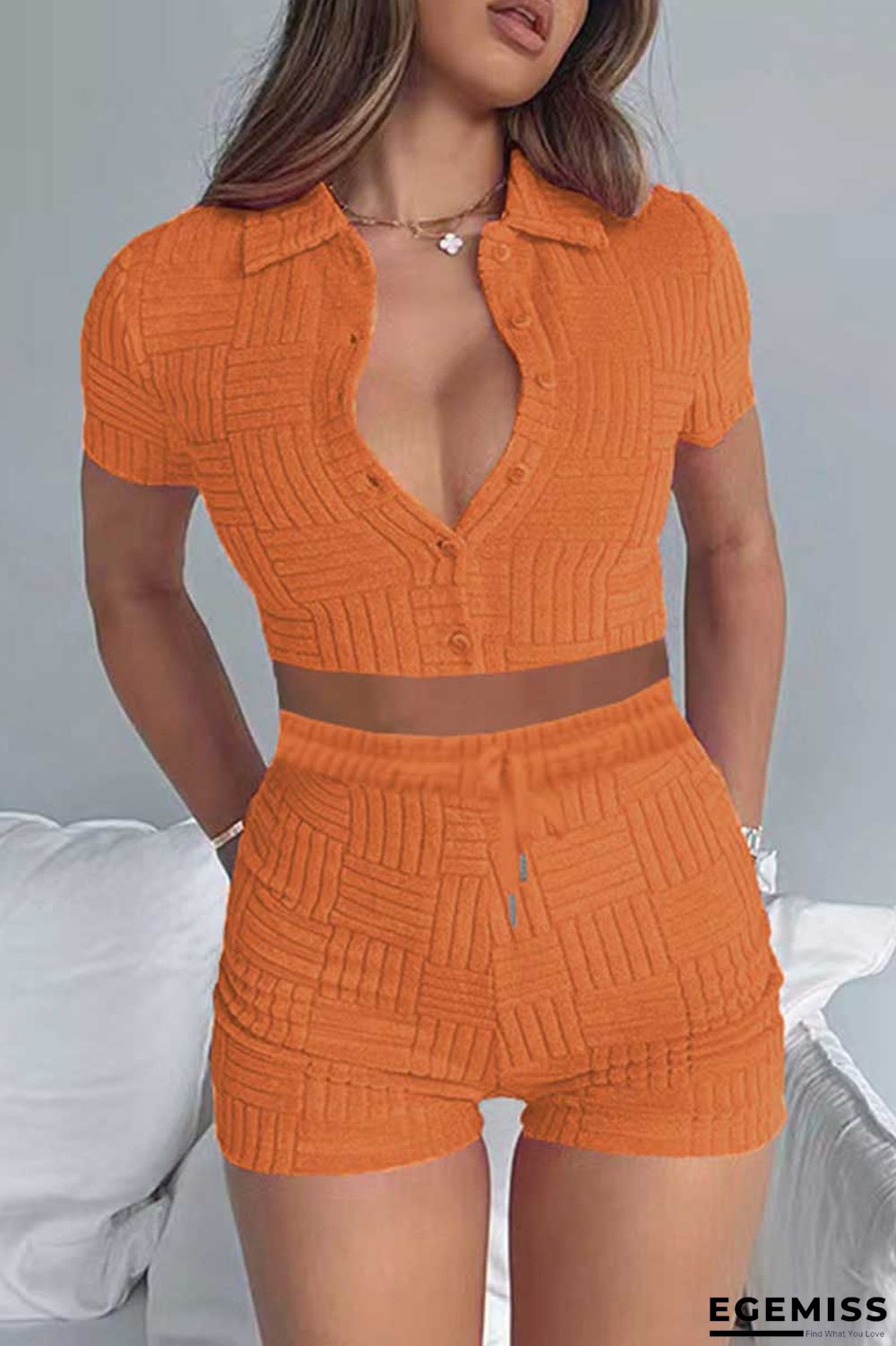 Tangerine Red Casual Sportswear Solid Patchwork Buckle Turndown Collar Short Sleeve Two Pieces | EGEMISS