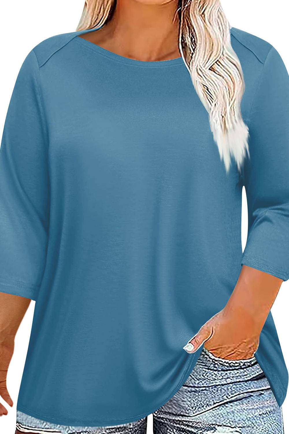 Plus Size Casual Blue Round Neck 3/4 Sleeve Solid T-Shirt 2024 - Flycurvy 