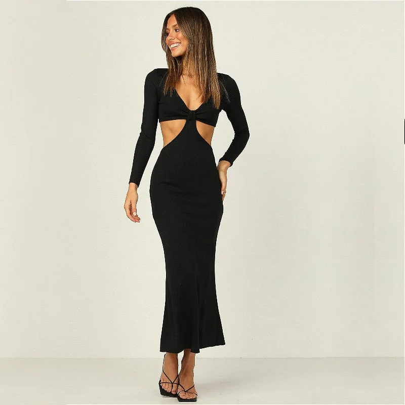 2021 Autumn Elegant Maxi Dress Women Long Sleeve V Neck Hollow Out Bodycon Pencil Dress Solid Color Casual Sexy Dresses Female