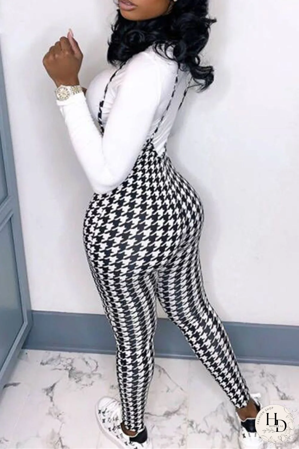 Black White Fashion Casual Print Spaghetti Strap Skinny Jumpsuits (Without Top)