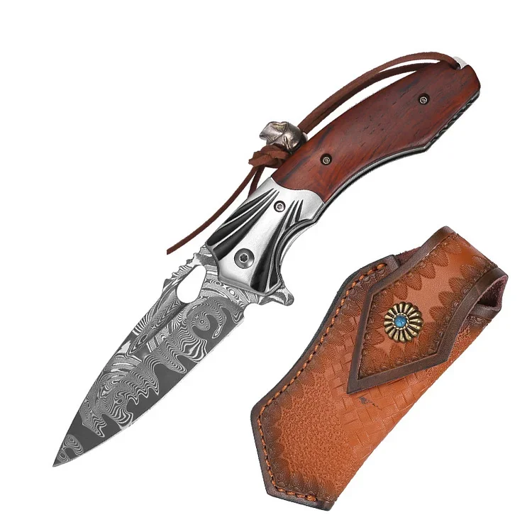 'Crimson Dusk' Sandwich Damascus 3.4-INCH Folding Knife with Ebony