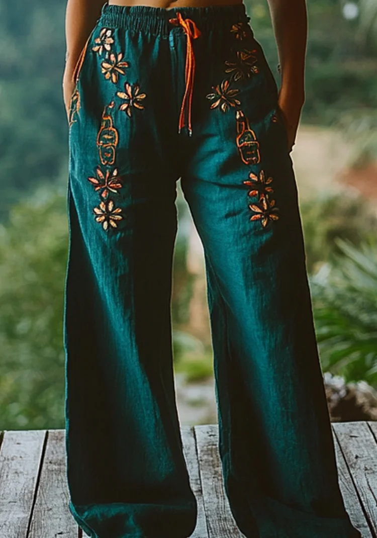 Utbros Women's Bohemian Embroidered Linen Lounge Pants