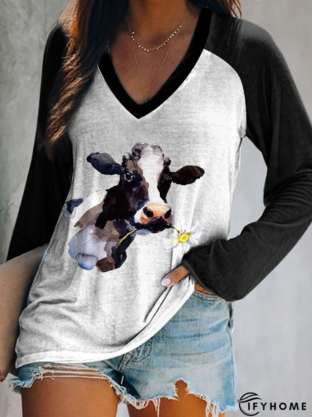 V Neck Animal Regular Fit Cow Long Sleeve T-shirt | IFYHOME