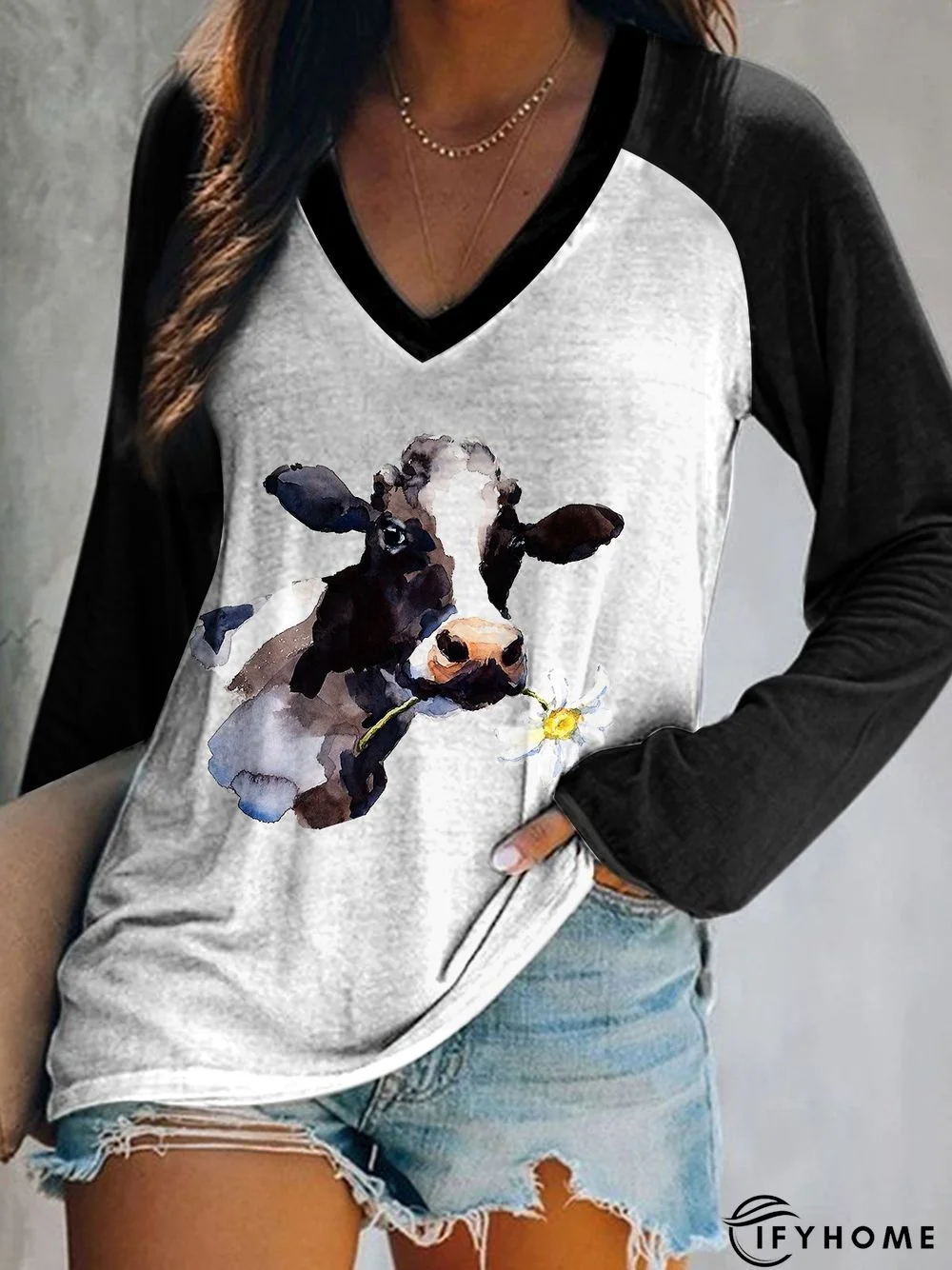 V Neck Animal Regular Fit Cow Long Sleeve T-shirt | IFYHOME