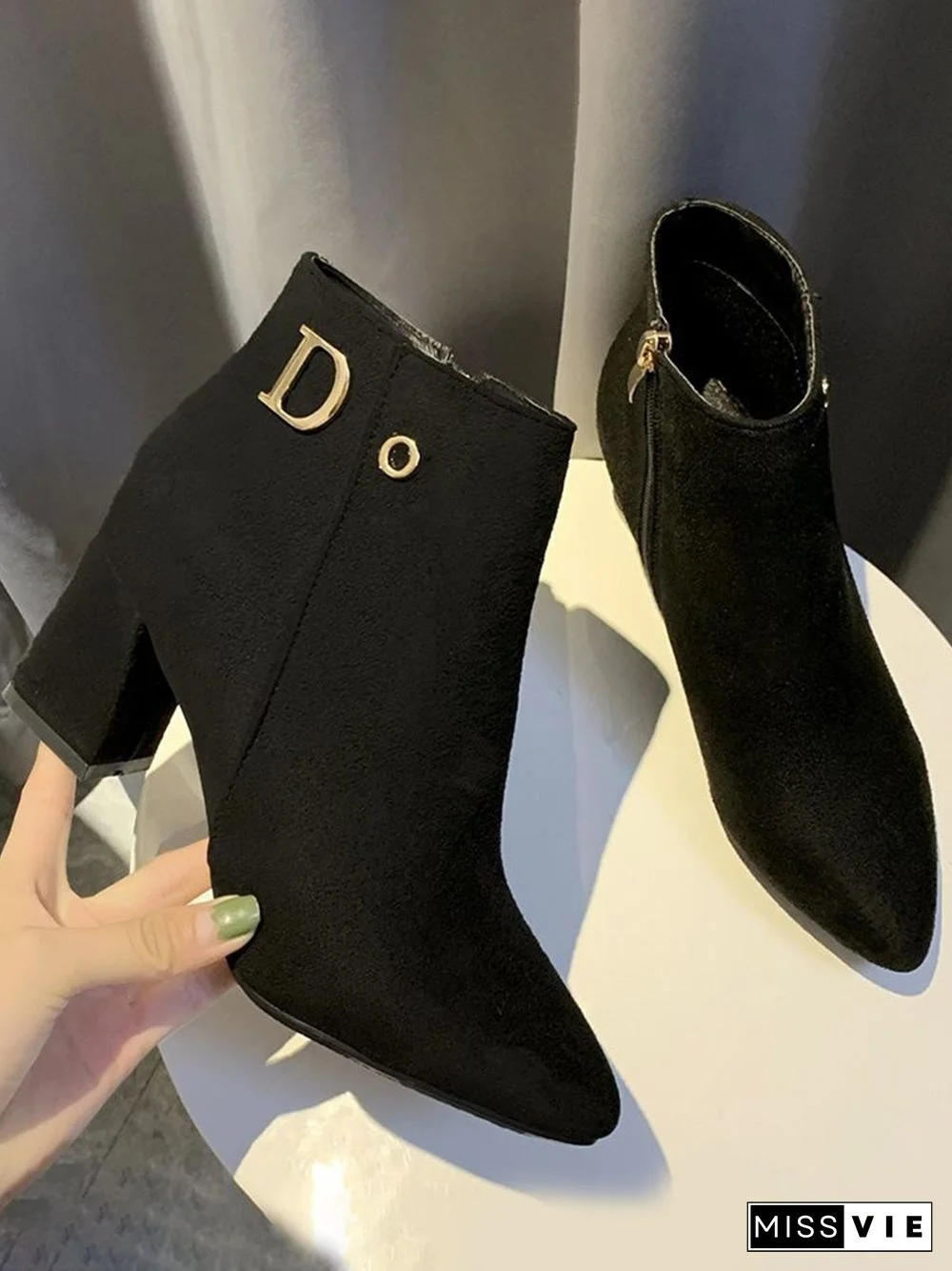 Side Zip Faux Suede Pointed Toe Chunky Heel Booties