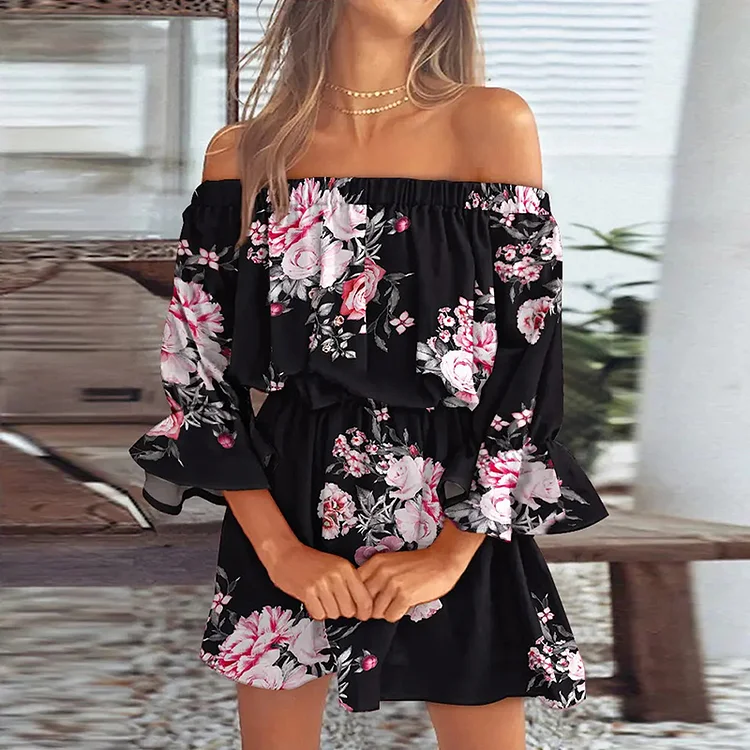 Women's Sexy Off Shoulder Floral Print Half Sleeve Casual Party Mini Dress