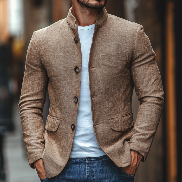 Men's Casual Stand Collar Linen Single Breasted Slim Fit Blazer