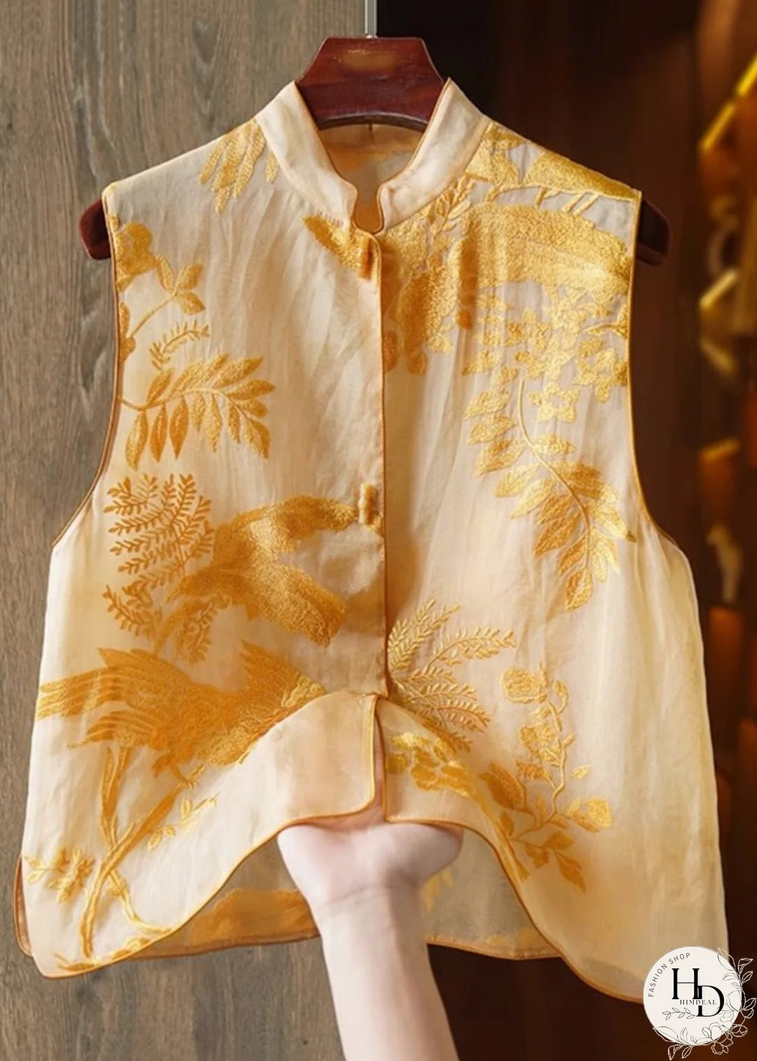 New Yellow Embroidered Button Tulle Waistcoat Sleeveless
