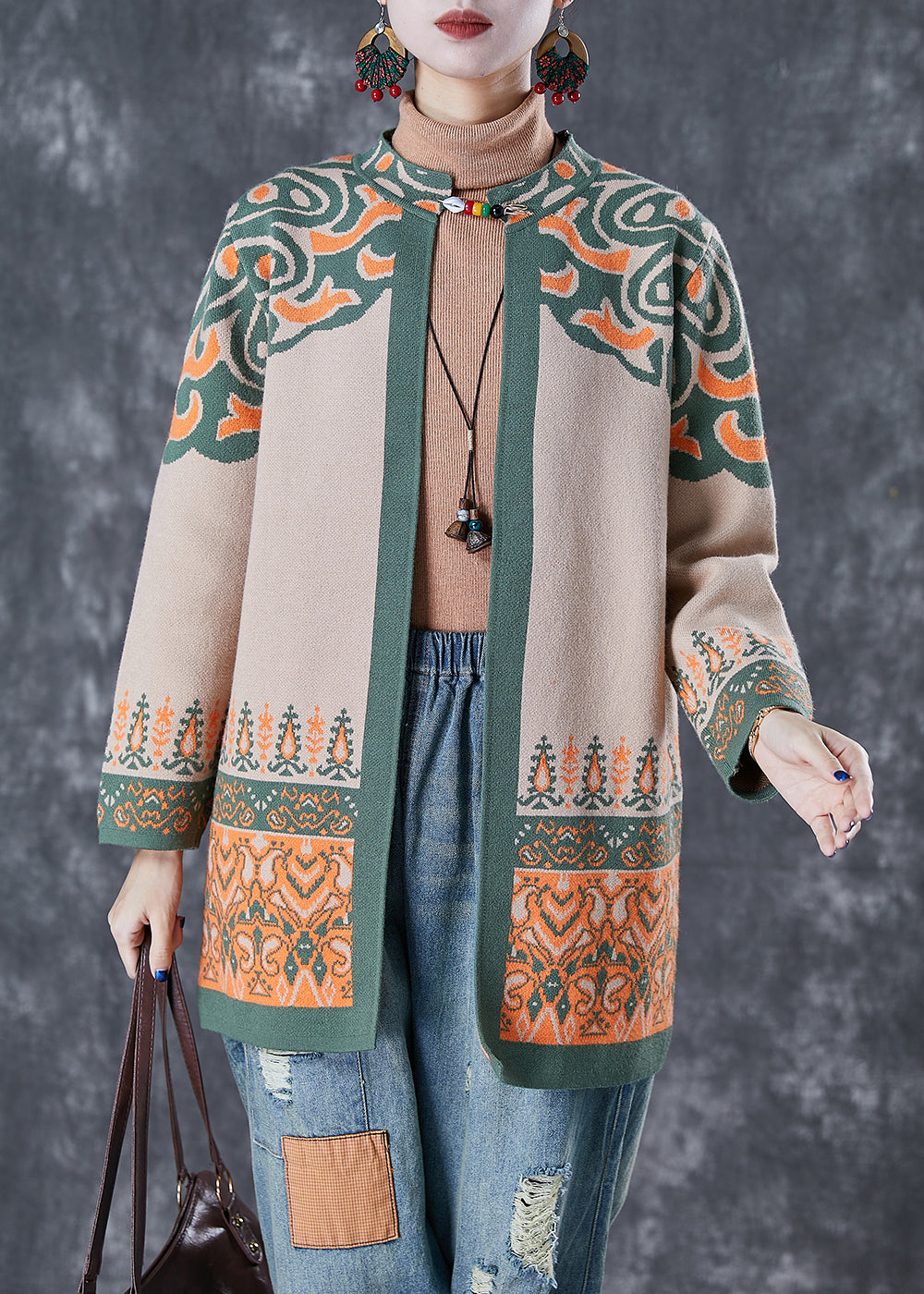 VCSHOES Light Camel Oversized Print Cotton Cardigan Fall