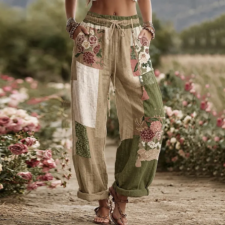 Love & Health Collection Retro Rose And Floral Patchwork Art Linen Pants
