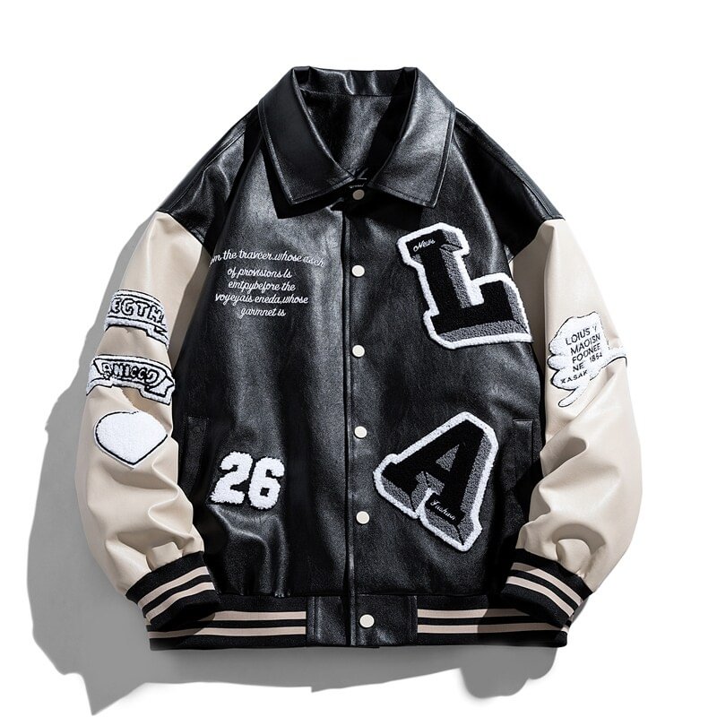 Retro Letters Embroidery PU Leather Men's Baseball Varsity Jackets-VESSFUL