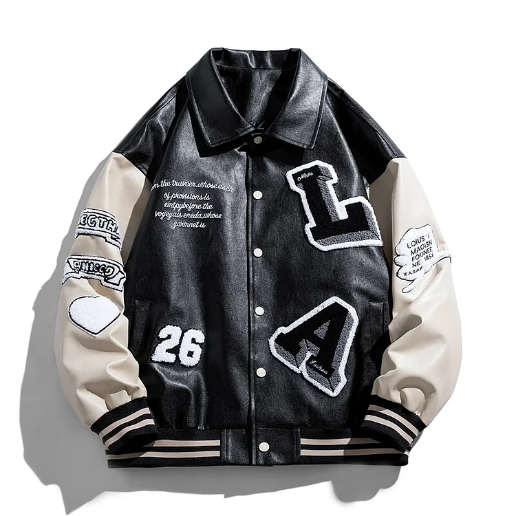 Retro Letters Embroidery PU Leather Men's Baseball Varsity Jackets at Hiphopee