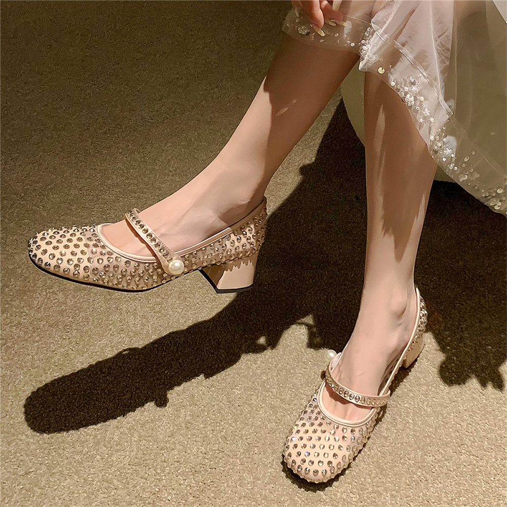 Beige Mesh Closed Toe Chunky Heel Rhinestone Pumps Nicepairs
