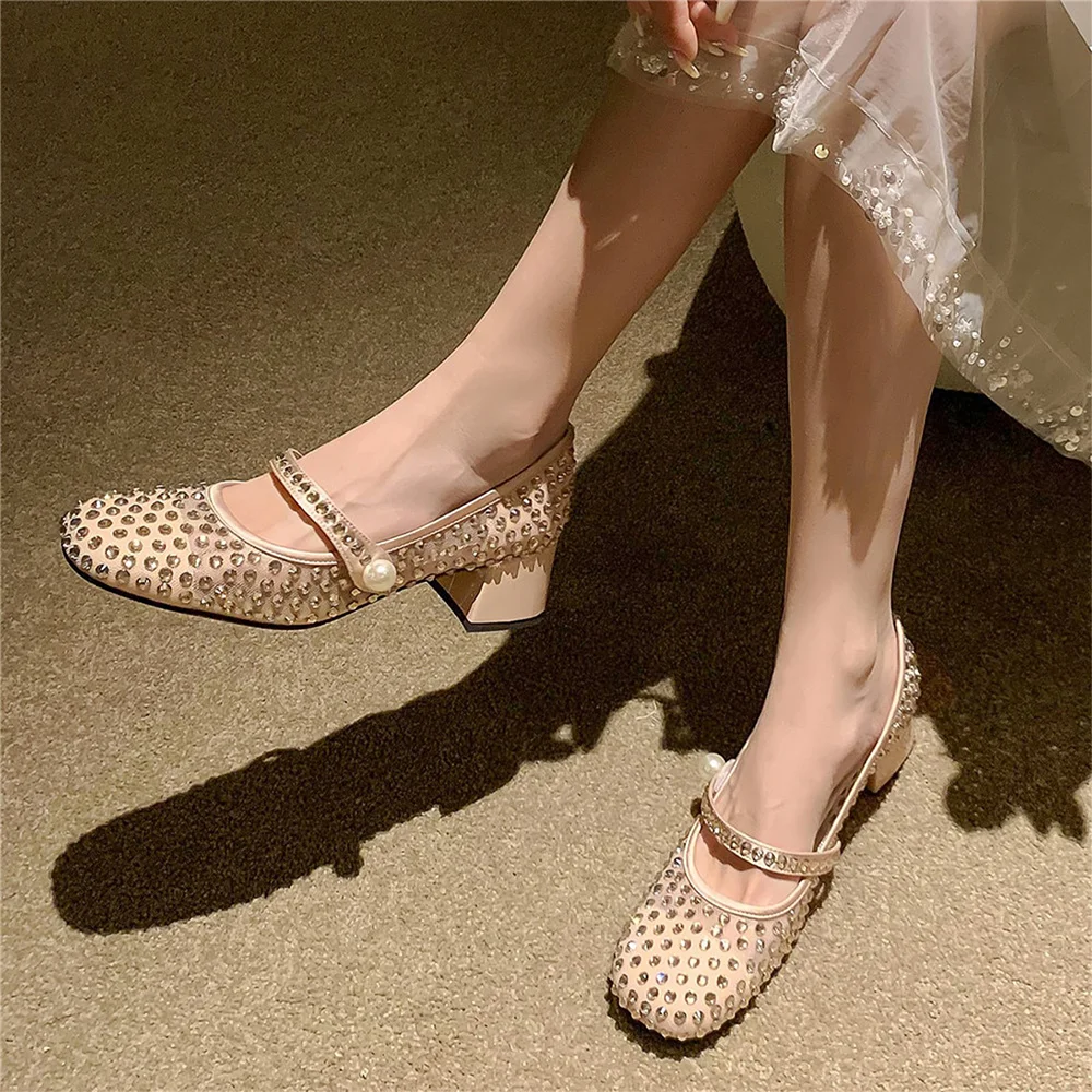 Beige Mesh Closed Toe Rhinestone Pumps With Chunky Heels