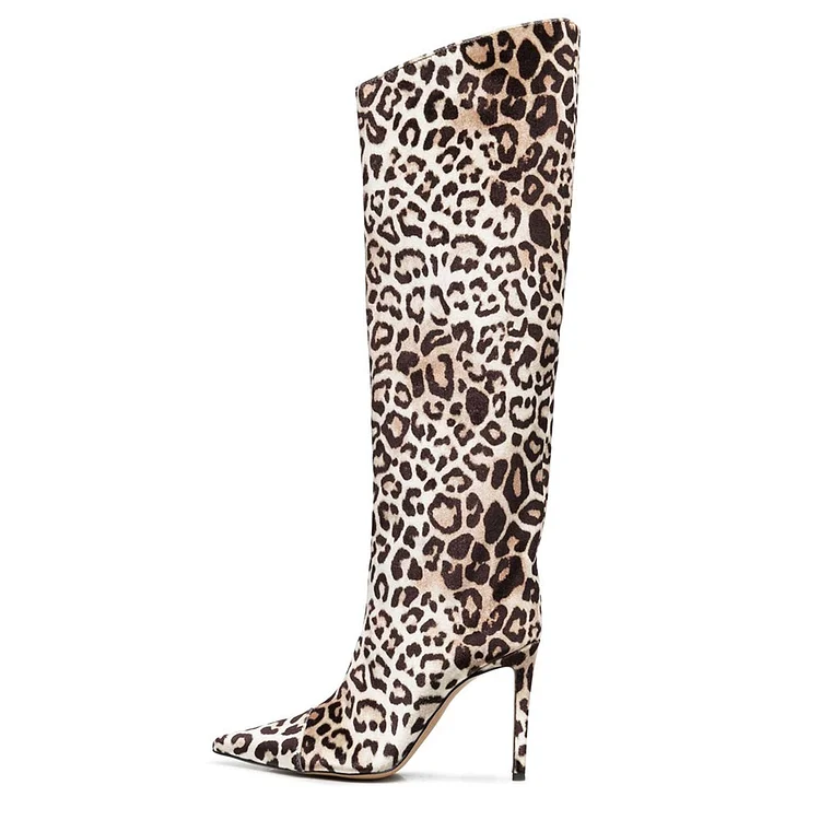 Brown Leopard Print Shoes Pointed Toe Stiletto Heel Knee High Boots |FSJ Shoes