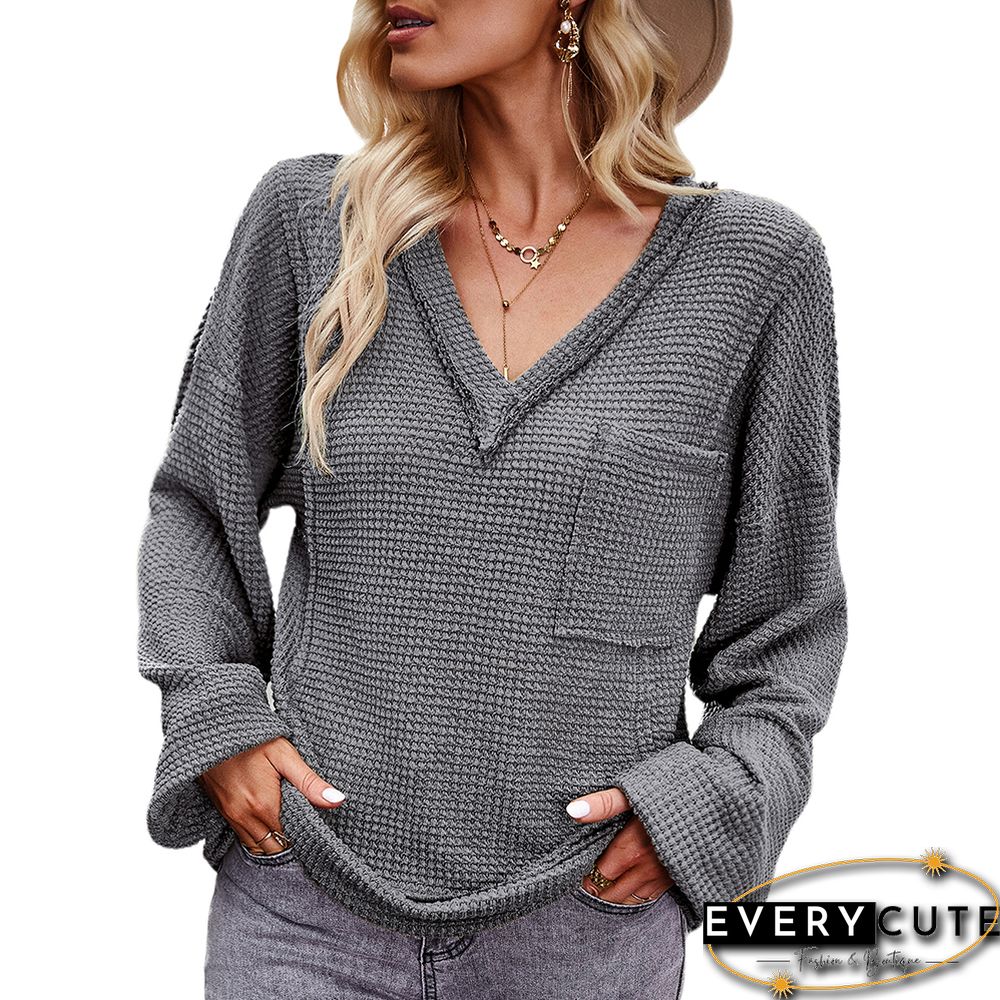 Gray V Neck Waffle Pocket Long Sleeve Tops