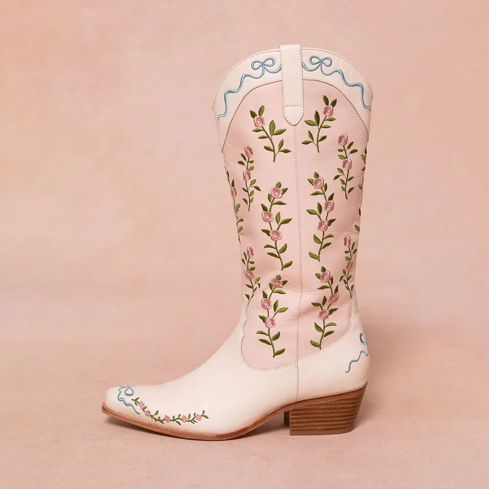 Light Pink & Ivory Flower Embroidered Stacked Heel Cowgirl Boots