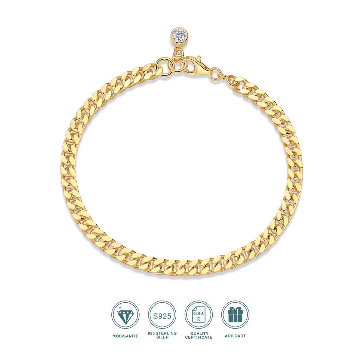  4mm Moissanite Bracelet for Women, S925 Silver, 18K Gold Plated, D-Color VVS1, Hypoallergenic Christmas Gift Jewelry