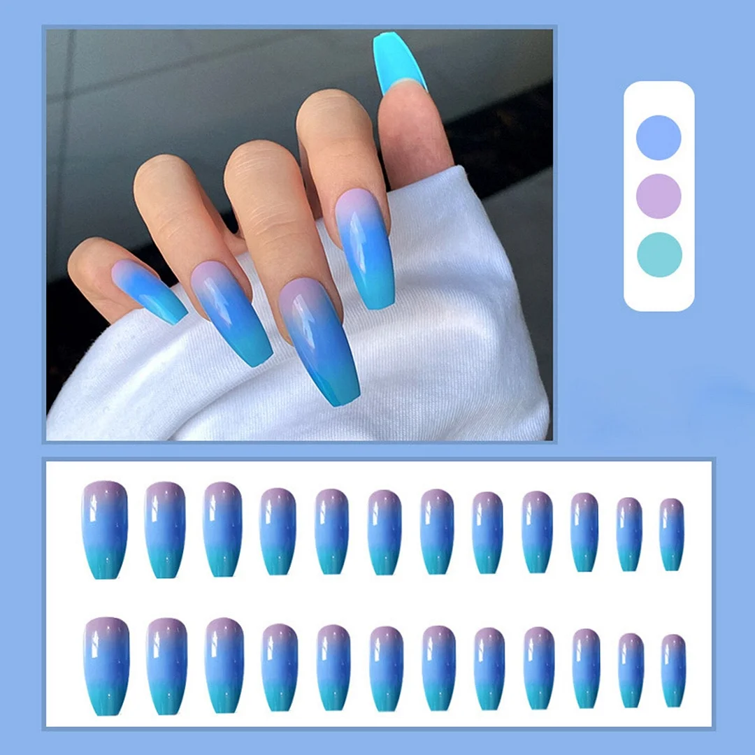 24pcs Fake nails with designs Blue Gradient Purple Coffin Fake Long Ballerina False Nails Full Cover Nail Tips Press On Nails