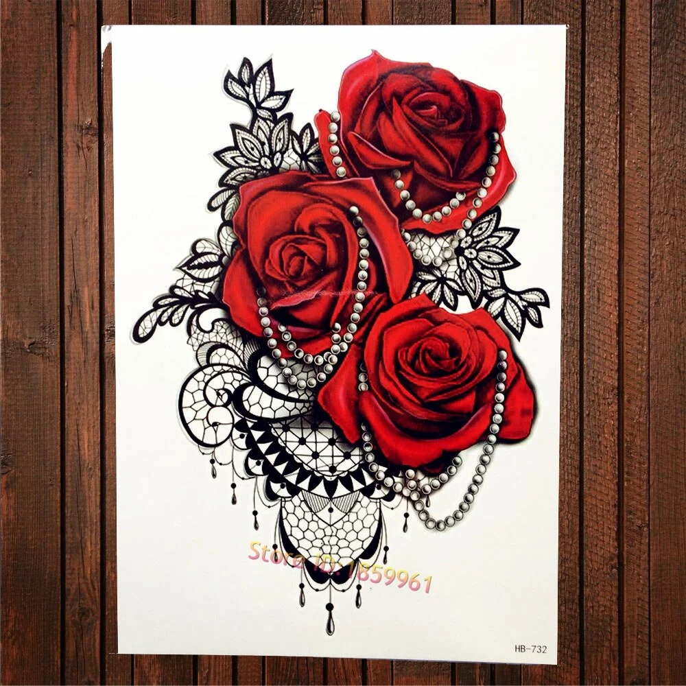 Sdrawing Red Rose Flower Temporary Tattoo Stickers Women Body Art Tattoo Arm Sleeve 21x15CM Large Fake Flash Waterproof Tatoo Henna