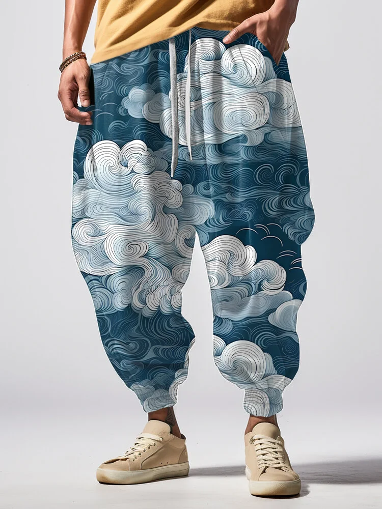 Men's Japanese Retro Cloud Patterns Loose Drawstring Waist Sweatpants