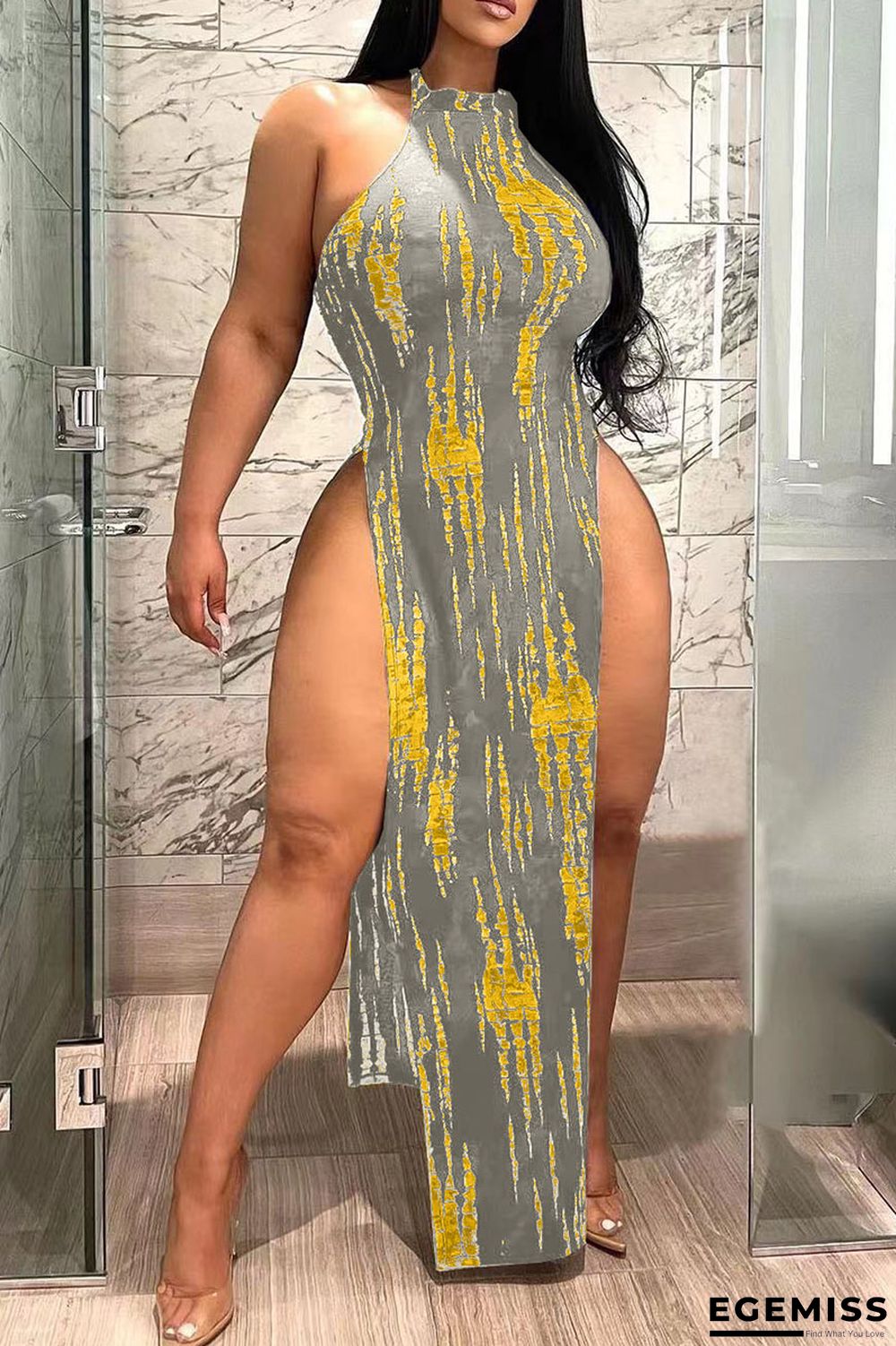 Silver Gray Sexy Print Patchwork Slit O Neck Straight Dresses | EGEMISS