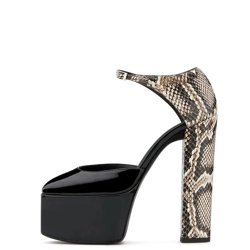 TAAFO Snake Prints Black Patent Platform Women Sandals High Heels Square Toe Ladies Shoes